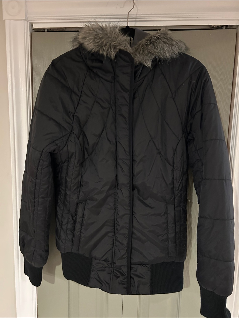 Fox Black Quilted Hooded Puffer with Faux Fur Trim